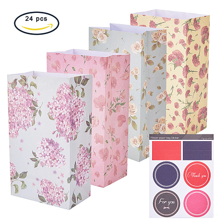 PandaHall Elite 24 Pcs 23x13cm Paper Bags Wrapping Pouch Gift Bag 4 Styles Flowers Pattern with Sealing Sticker for Birthday Wedding Party Gift Decoration