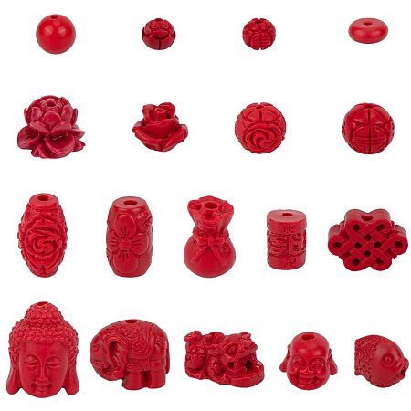 NBEADS 80g Mixed Shape Cinnabar Beads, 19 Random Mixed Kinds of Fire Brick Round/Rondelle Elephant Flower Bud Buddha Chinese Knot Pi Xiu Loose Beads for DIY Handcraft Accessories Jewelry Making