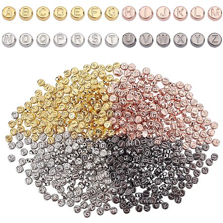 Arricraft About 800 Pcs Letter A~Z Flat Round Beads, Flat Disc Loose CCB Plastic Beads, Alphabet Spacer Beads for Jewelry Making DIY, 4 Colors, Hole: 1.4mm