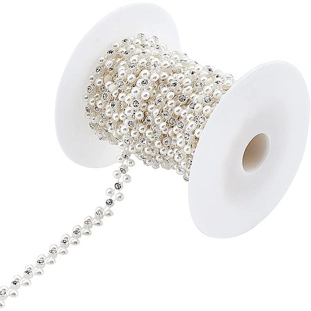 NBEADS 10 Yards/Roll Rhinestone Cup Chain, Plastic Imitation Pearl and Rhinestone Chain Pearl Bead String for Wedding Party Decoration, White