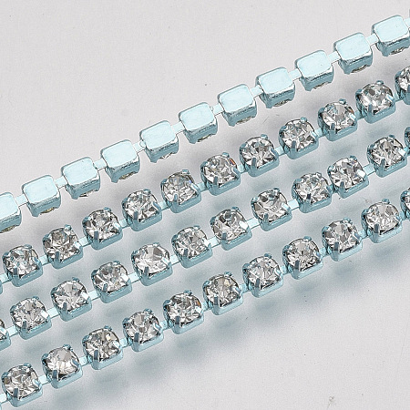 Honeyhandy Electrophoresis Iron Rhinestone Strass Chains, Crystal Rhinestone Cup Chains, with Spool, Pale Turquoise, SS12 Rhinestone, 3~3.2mm, about 10yards/roll