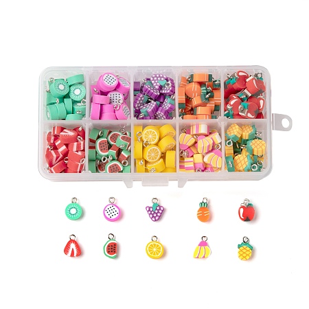 ARRICRAFT 200Pcs/Box 10 Style Handmade Polymer Clay Pendants, with Iron Findings, Imitation Food, Platinum, Mixed Color, 20pcs/style