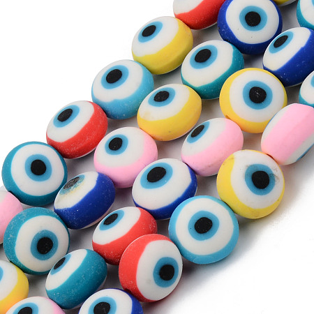 Honeyhandy Handmade Polymer Clay Beads Strands, for DIY Jewelry Crafts Supplies, Flat Round with Evil Eye, Deep Sky Blue, 12x8~9mm, Hole: 1.8mm, about 31~32pcs/strand, 14.57 inch(37cm)