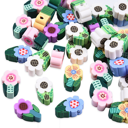Handmade Polymer Clay Beads, Flower, Mixed Color, 10~12x6.5~8x4.5~5mm, Hole: 1.6mm