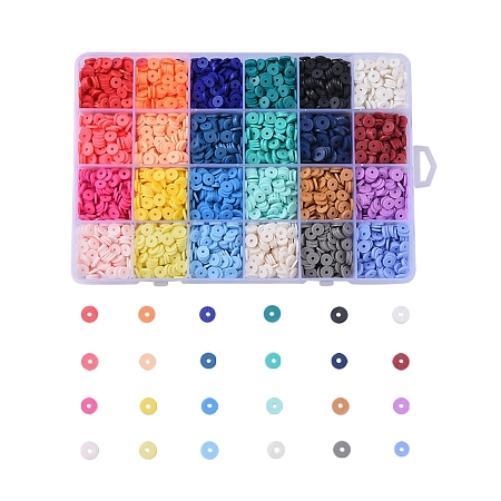 Honeyhandy 24 Colors Eco-Friendly Handmade Polymer Clay Beads, Disc/Flat Round, Heishi Beads, Mixed Color, 6x1mm, Hole: 2mm, 24colors, about 190~200pcs/color, 4560~4800pcs/box