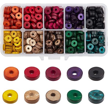 SUPERFINDINGS About 500pcs 0.35Inch Dyed Natural Coconut Disc Beads 10 Colors Heishi Beads for DIY Jewelry Making, Hole: 3mm