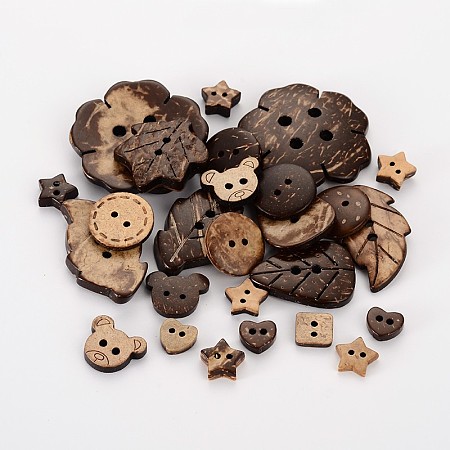 Honeyhandy Coconut Buttons, Mixed Style, Coffee, 9~38x10~38x3~5mm, Hole: 1~4mm