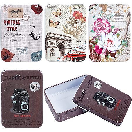 CREATCABIN 4Pcs Vintage Metal Tin Box Gift Card Holder Rectangular Tinplate Box Containers Christmas Small Wrap Boxes with Lids Hinged Storage Cans for Home Kitchen Candles Jewelry Coin Cake Biscuits