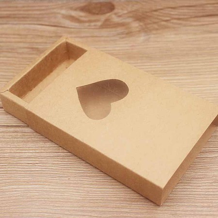 Honeyhandy Foldable Kraft Paper Sliding Boxes, with Heart Clear Window Paper Drawer Boxes, Rectangle, Camel, Box: 11.5x8x2cm