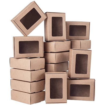 BENECREAT 30 Packs 3.3x2.3x1.1 Inches Rectangle Brown Kraft Paper Boxes with Clear Windows for Party Favor Treats, Bakery, and Jewelry Packaging