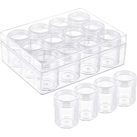 BENECREAT 12PCS 1.9x1.5 Inch Clear Plastic Bead Jars Screw Lid Bead Storage Containers with Large Storage Box for Bead, Diamond, Nail Crystals and Other Small Items
