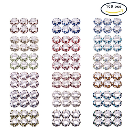 PandaHall Elite 108PCS 18 Colors 11x6mm Alloy Rhinestone Large Hole European Beads for Necklace Bracelet Earrings Making, Mixed Color