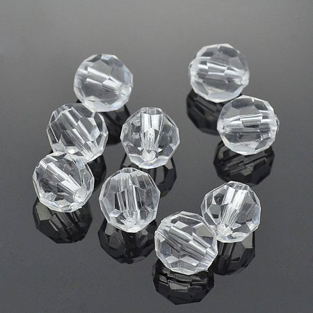 NBEADS 500g Transparent Acrylic Beads, Clear Faceted Round, 10mm in diameter, hole: 2mm, about 900pcs/500g