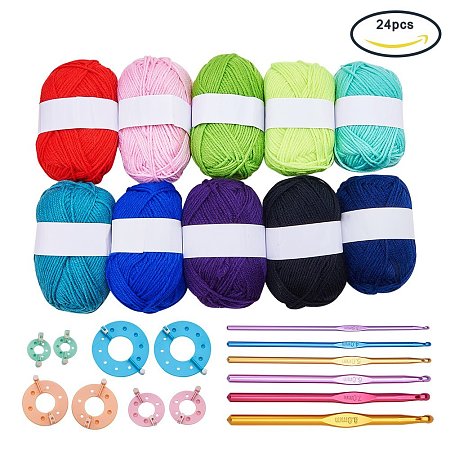 BENECREAT 1000Yards 10 Assorted Colors Acrylic Yarn Bonbons With 4 Sets(8 pcs) Plastic Knitting Loom and 6pcs/Set Crochet Hooks for Knitting Crocheting and Embellishing Crafts