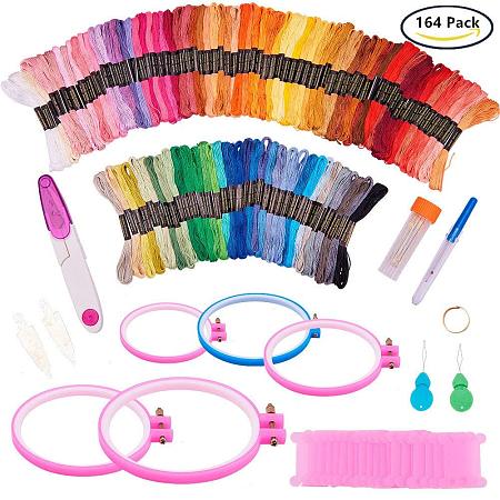 BENECREAT 164 PACK Full Range of Embroidery Starter Kit including 100 Color Threads, 5pcs Plastic Embroidery Hoop, 2pcs 12 by 18-Inch 14 Count Classic Reserve Aida and 57pcs Tool Kit