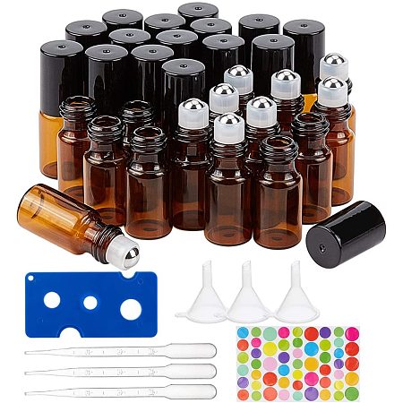BENECREAT 30 Packs 3ml Mini Amber Brown Glass Roller Bottle with Black Cap Essential Oil Roll on Bottle with Opener, Hoppers, Droppers and Labels for Perfume Aromatherapy Fragrance