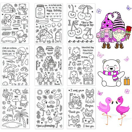 GLOBLELAND 9 Sheets Silicone Clear Stamps Seal for Card Making Decoration and DIY Scrapbooking(Dwarf Cherry Flamingo Pea Polar Bear French Bulldog Rainbow)