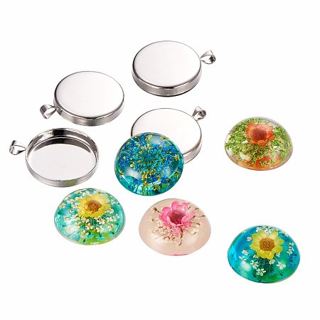 ARRICRAFT 10 Sets DIY Jewelry Pendant Making Sets, with 25mm Resin Dome Dried Flower Cabochons and Brass Pendant Frame Tray Settings 32x26x4mm