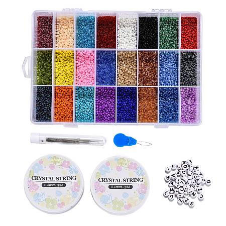 Honeyhandy DIY Jewelry Set Kits, with Elastic Crystal Thread, Acrylic Letter Beads and Glass Seed Beads, Iron Sewing Needle, Thread Guide Tool, Plastic Box, Mixed Color, 190x130x22mm