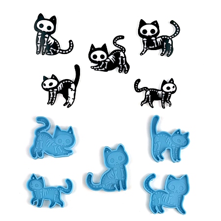 Honeyhandy Skull Cat Shaped Pendant Silicone Molds, Resin Casting Molds, for UV Resin, Epoxy Resin Jewelry Making, Halloween Theme, Deep Sky Blue, 52~73x63~73x6mm, Hole: 2mm, 5pcs/set