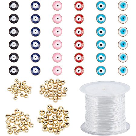 NBEADS 116 Pieces Evil Eye Beads Set, 36 Pcs7.5mm Flat Round Acrylic Enamel Evil Eye Charms Beads and 80 Pcs 4 Sizes Round Brass Spacer Beads with Elastic Crystal String for DIY Jewelry Making