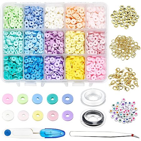 NBEADS 150 G Polymer Clay Bracelets Kit, 15 Colors 6mm Clay Beads 30 Pcs Metal Spacer 50 Pcs Heart Beads 2 Rolls Elastic Thread 20 Pcs Clasps 50 Pcs Jump Rings 2 Pcs Tools for Jewelry Making