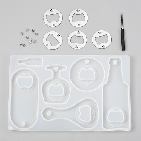 Honeyhandy Beer Bottle Opener Mold Kit, Bottle Cap Opener Silicone Mold,  for UV Resin, Epoxy Resin Craft Making, with 5PCS Stell Insert Parts, 10PCS Screw, 1PC Screwdriver, White, 241x154x11mm