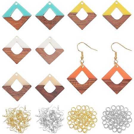 OLYCRAFT 170pcs Resin Wooden Earring Pendants 10pcs Rhombus Wood Statement Jewelry Findings Wood Earring Accessories with Earring Hooks Jump Rings for Necklace Jewelry Making - 5 Colors