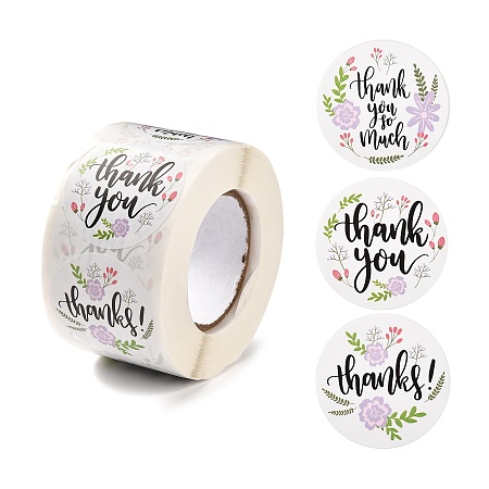 Honeyhandy 1.5 Inch Self-Adhesive Stickers, Roll Sticker, Flat Round with Flowers & Word Thank You, for Party Decorative Presents, Colorful, 3.8cm, 500pcs/roll