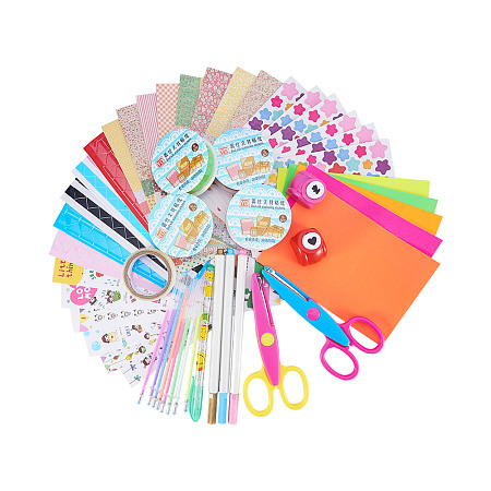 PandaHall Elite 1 Set Scrapbook DIY Photo Albums Supplies With Colorful Paper, Craft Punch, Scissors, Lace Tape, Decorative Sticker, Photo Corner Stickers, Pen
