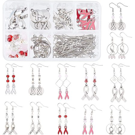 SUNNYCLUE 1 Box DIY 12 Pairs Breast Cancer Awareness Earring Making Kit Breast Cancer Ribbon Alloy Pendants Charms & Brass Earring Hooks for Women Beginners DIY Jewelry Making, Mixed Color