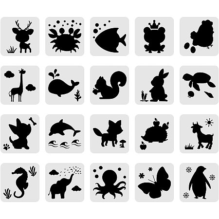 BENECREAT 20PCS 8x8 Inches Sea Creature Plastic Stencils Butterfly Penguin Plastic Drawing Templates for Scrabooking Card Making, DIY Wall Floor Decoration