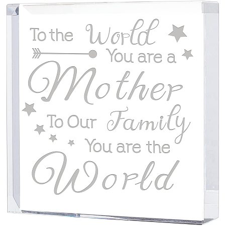 FINGERINSPIRE Square Crystal Engraved Keepsake and Paperweight, Crystal Glass Gifts, Unique Birthday for Mom - to The World You are a Mother, to Our Family You are The World