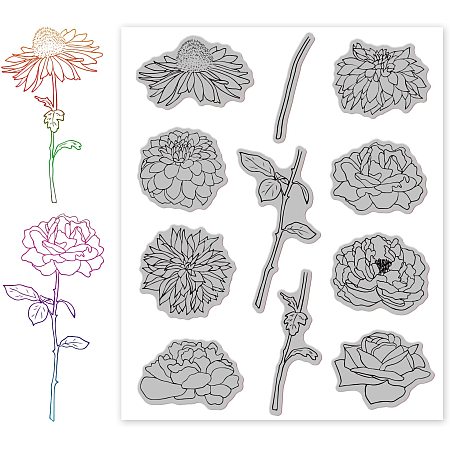 GLOBLELAND Flower Cling Rubber Stamps Daisy Rose Dahlia Flower Script Stamps for Christmas Birthday Thanksgiving Cards Making DIY Scrapbooking Photo Album Decoration Paper Craft,8.7x7 Inches