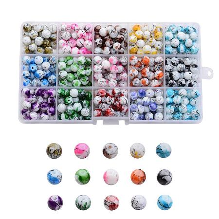 ARRICRAFT 1 Box (about 420pcs) 15 Color 8mm Round Baking Painted Drawbench Glass Beads Assortment Lot for Jewelry Making