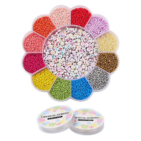 Honeyhandy DIY Jewelry Making Kits, Including Acrylic Letter Beads, 12/0 Baking Paint Glass Round Seed Beads, Elastic Crystal Thread, Mixed Color, Beads: 9850pcs/set