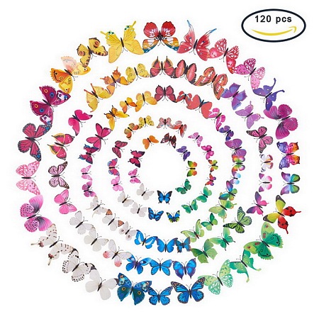 PandaHall Elite 120Pcs Artificial Plastic Butterfly Decorations 10 Color with Adhesive Sticker and Magnet for Fridge Magnets or Wall Decorations