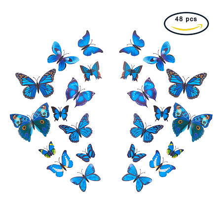 PandaHall Elite 12Pcs Artificial Plastic Butterfly Decorations Blue with Adhesive Sticker and Magnet for Fridge Magnets or Wall Decorations Size 160x135x10mm