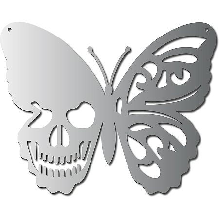CREATCABIN Skull Metal Wall Art Butterfly Decor Wall Hanging Plaques Ornaments Iron Wall Art Sculpture Sign for Indoor Outdoor Home Livingroom Kitchen Garden Decoration Gift Silver 11.8 x 9.4 Inch