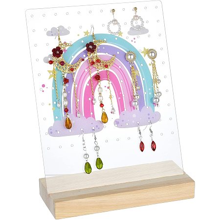 PandaHall Elite 120 Holes Earring Holder, Rainbow Earring Display Stands with Wooden Base Acrylic Earring Hanger Board Stud Earring Stand Organizer Jewelry Rack Display, 3.1x8x10 Inch