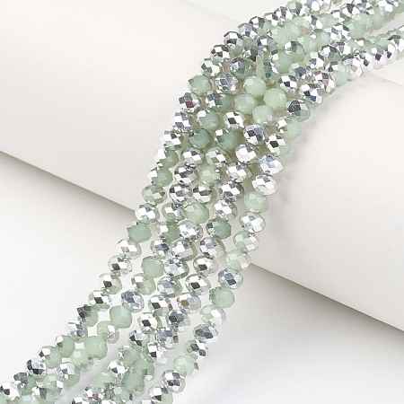 Honeyhandy Electroplate Glass Beads Strands, Imitation Jade, Half Silver Plated, Faceted, Rondelle, Pale Green, 8x6mm, Hole: 1mm, about 68pcs/strand, 15.5 inch(38.75cm)