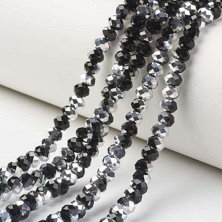 Honeyhandy Electroplate Transparent Glass Beads Strands, Half Silver Plated, Faceted, Rondelle, Black, 4x3mm, Hole: 0.4mm, about 130pcs/strand, 16.54 inch(42cm)