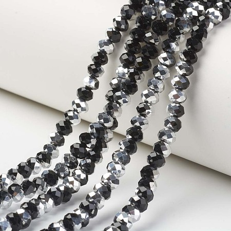 Honeyhandy Electroplate Transparent Glass Beads Strands, Half Silver Plated, Faceted, Rondelle, Black, 8x6mm, Hole: 1mm, about 72pcs/strand, 16.14 inch(41cm)