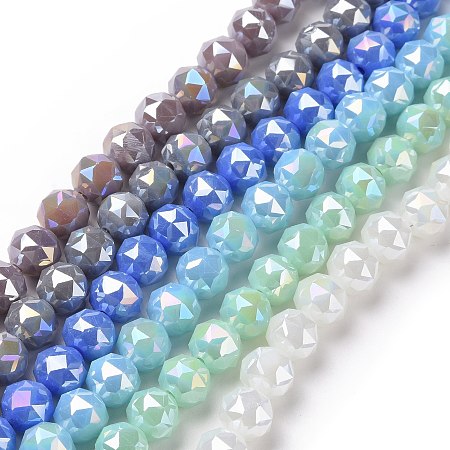 Electroplate Opaque Glass Beads Strands, AB Color Plated, Faceted, Round, Mixed Color, 8x7.5mm, Hole: 1.5mm, about 71~72pcs/strand, 20.87''(53cm)
