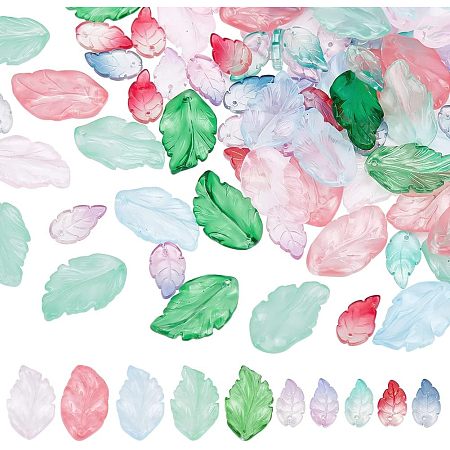 HOBBIESAY 100Pcs 10 Colors Two Tones Colorful Leaf Glass Beads 17.5-29x10-17mm Drilled Leaves Beads Transparent Loose Bead Charms with Glitter Gold Powder for DIY Jewelry Making, Hole: 1.2-1.4mm