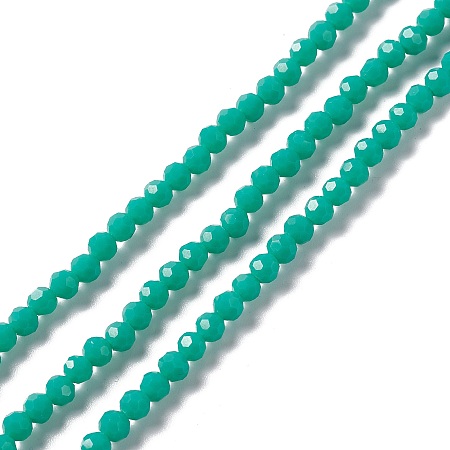 Honeyhandy Faceted Glass Beads Strands, Round, Turquoise, 4mm, Hole: 1mm, about 99~107pcs/strand, 14.09~15.43''(35.8~39.2cm)