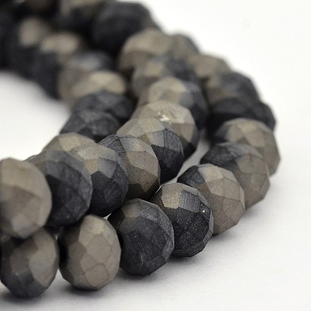 Half Plated Faceted Rondelle Glass Beads Strands, Frosted, Black, 6x4mm, Hole: 1mm; about 100pcs/strand, 17.3