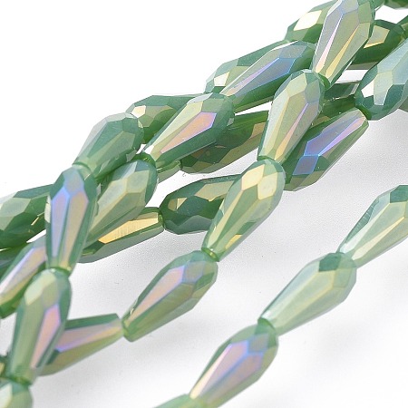 Honeyhandy Electroplated Opaque Glass Beads Strands, Full Rainbow Plated, Faceted, Teardrop, Dark Sea Green, 9~10x4mm, Hole: 0.8mm, about 70~72pcs/strand, 25.98 inch~27.95 inch(66~71cm)