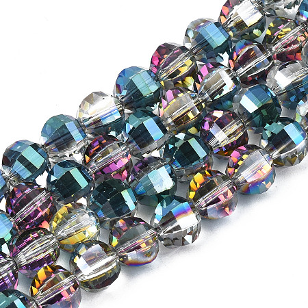 Electroplate Transparent Glass Beads Strands, AB Color Plated, Half Plated, Faceted, Round, Dark Cyan, 9.5x8.5mm, Hole: 1.5mm, about 70pcs/strand, 24.80 inch(63cm)