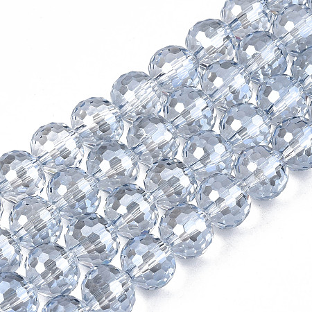 Electroplate Transparent Glass Beads Strands, Pearl Luster Plated, Faceted, Round, Light Steel Blue, 10x9mm, Hole: 1.5mm, about 72pcs/strand, 25.98 inch(66cm)